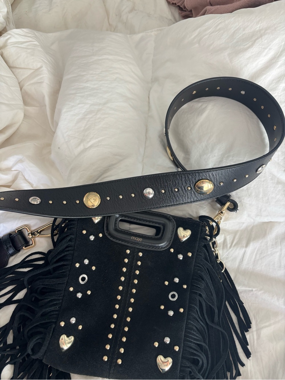 Maje Black Suede Fringe Crossbody with Gold Heart Studs - Picture 6 of 7